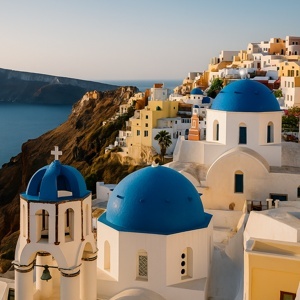 Rows of grapevines in Santorini vineyard